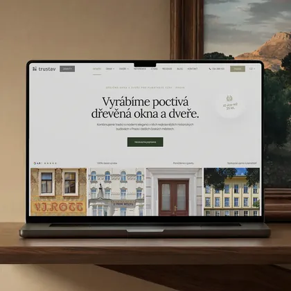 Multi-page website of the Trustav wooden window manufacturer on a laptop